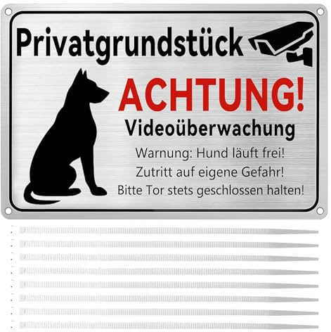 Freilaufender Hund Schild, Vorsicht Hund Schild mit 8 Kabelbinder, Selbstklebende Warnschilder mit Selbstbohrenden Löchern, Warnung Vor Dem Hund Schilder für Innen und Außen, 30x20cm