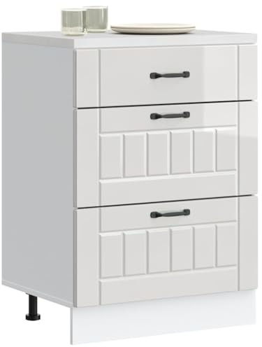 YunCangg Lucca köksunderskåp, högglansigt vitt trämaterial, 60 x 46 x 81,5 cm, justerbara fötter, köksförvaringsskåp, lättskött