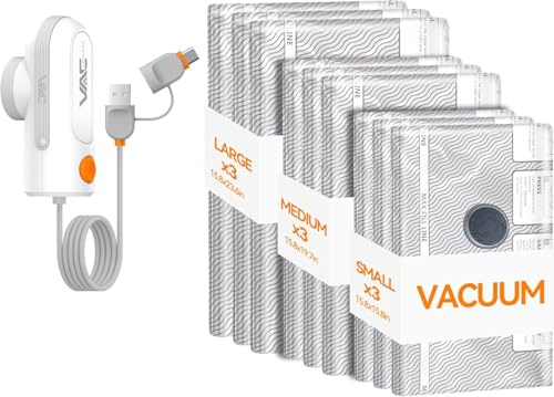 VACKFOX Travel Vacuum Bags with USB & TYPE C Pump, 9 Pack Carry-On Vacuum Storage Bags for Luggage & Suitcase, Vacuum Luggage Bags, Space Saver for Clothes & Travel(Grey)