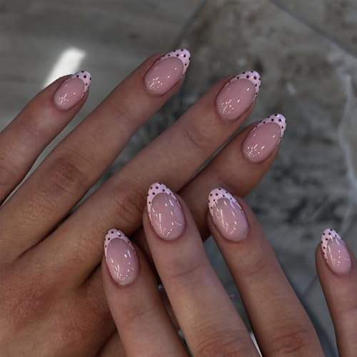 24Pcs French Tip Press On Nails - Polka Dot Short Almond Fake Nails, Glossy Nude Acrylic Press Ons, Elegant French Tip False Nails for Women