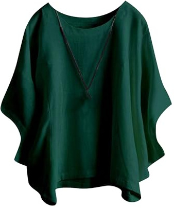 ZICUE Mujer Túnica Boho De Manga Corta Oversize Jersey De Algodón Y Lino Lisa Holgada Blusa Deportiva Verde Oscuro XL