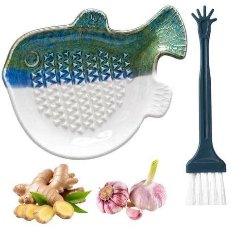 Ceramic Garlic Grater Plate with Cleaning Brush Pufferfish Ginger Grater | For Garlic And Ginger, Ideal For Kitchen Prep And Serving, Lightweight With Fish-Shaped Design And Brush.