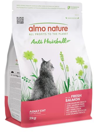 Almo Nature Anti Hairball - Adult Cat Kibble with Fresh Salmon, with a Blend of Vegetable Fibres to Counteract the Formation of Hairballs - 2kg Bag
