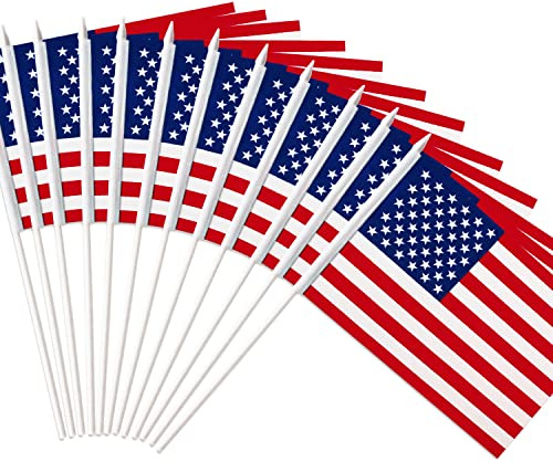 Anley American US 5x8 Zoll HandHeld Mini Flagge mit 12 weißem Solid Pole - USA Stick Flagge, lebendige Farbe und lichtecht - Vereinigte Staaten 5 x 8 Zoll Handgehaltene Stick Flaggen