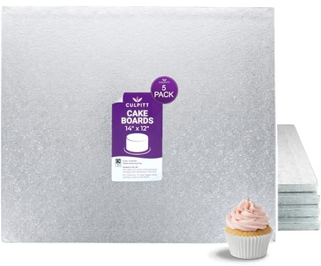 Culpitt 14 x 12 (30.5cm) Oblong Silver Cake Boards - 5 Pack | 13mm Thick, 35.5 x 30.5cm Each, Fits 11 x 9 Fruit Cake Or 12 x 10 Sponge, Reusable, Wipe Clean