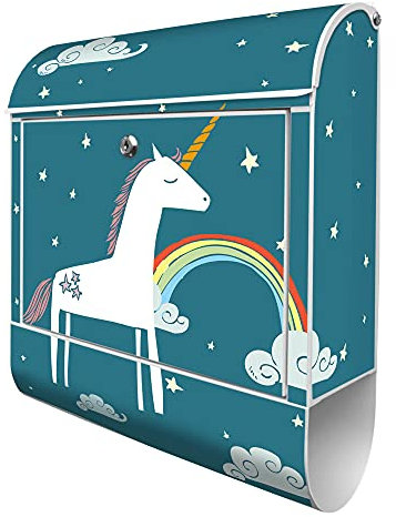 banjado Design Briefkasten Einhorn 38,5x46,5x13cm & 2 Schlüssel - Briefkasten Stahl Weiß mit Zeitungsfach pulverbeschichtet - Postkasten A4 Einwurf inkl. Montagematerial