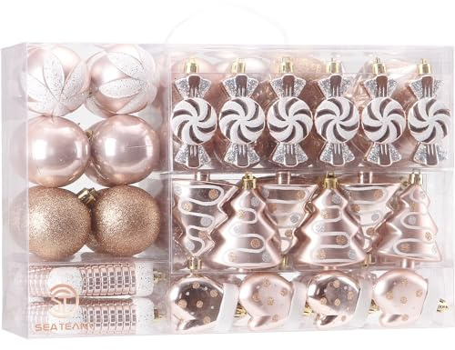 Sea Team 77-Pack Assorted Shatterproof Christmas Balls Christmas Ornaments Set Decorative Baubles Pendants with Reusable Hand-held Gift Package for Xmas Tree (Rose Gold)