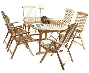 SAM 7tlg. Gartengruppe Aruba, Teak-Holz, 1 x ovaler Ausziehtisch ca. 180-240 x 100 cm + 6 x Hochlehner Aruba
