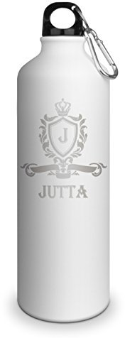 Trinkflasche mit Namen Jutta - graviert mit Wappen Monogramm, Aluminiumflasche mit Gravur, Sportflasche - matt weiß