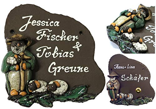 Schäfer mit Schafen-Familie-Keramikschild-Türschild-Klingelschild-Namensschild-Schild-160 x 160 mm-von Hand gefertigt-Incl. Beschriftung-Mit, oder ohne Klingel (6928 mit Text ohne Klingelkontakt)