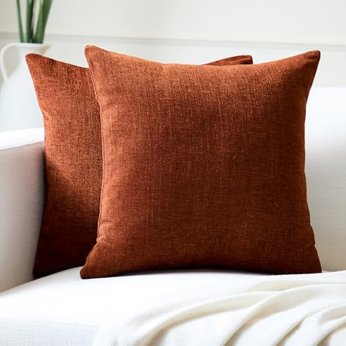 Encasa XO Chenille Kissenbezug, Sofa, ohne Füllung 40x40 cm | Rostorange, 100% Polyester | Versteckter Reißverschluss | Dekokissen & Zierkissen | Weich & Langlebig | 2er Set