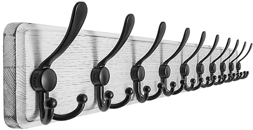 Dseap Garderobe, Garderobenleiste, 97cm Lang Robust Hakenleiste Holz mit 10 Dreifachhaken, Garderobenhaken Wand, Kleiderhaken für Mantel Kleidung Hut Jacken Schals,Weiß