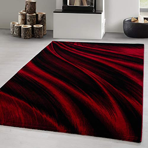Carpetsale24 Kurzflor Teppich 160x230 cm, Modern Abstrakt Wellen Design in Rot Schwarz, Pflegeleicht, ideal für Wohnzimmer, Esszimmer oder Schlafzimmer