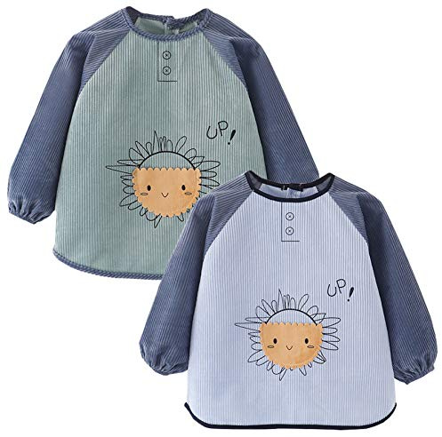 Happy Cherry Wasserdichtes Baby-Lätzchen mit Ärmeln für Jungen, Mädchen, Schule, für Kinder, zum Malen, Spielen, Essen, Bluse, für Kindergarten - 1-5 Jahre, Sonne - Blau + Grün, 3-4 Jahre