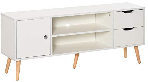 HOMCOM Mueble de TV para Televisiones de 50 Mesa de Salón Moderno con Puerta 2 Estantes Abiertos y 2 Cajones Carga 30 kg para Dormitorio Sala 120x28x44 cm Blanco