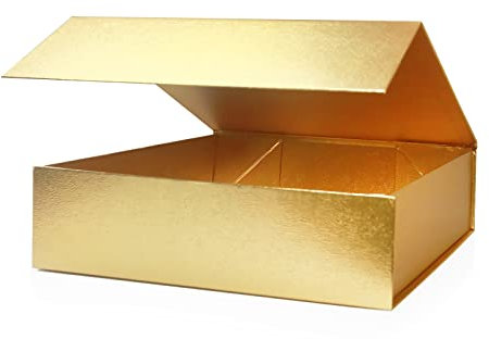 Magnetische Geschenkboxen mit Deckel, 320x240x90 mm große Geschenkboxen für Geschenke, Gold Luxus Box aus faltbarem Karton mit magnetischem Verschluss (1 Stück)