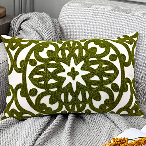 Alysheer Embroidered Lumbar Decorative Throw Pillow Cover 12x 20, Classic Boho Mandala Embroidery Pattern Cotton Rectangular Cushion Case for Sofa Couch Living Room Bedroom(Olive Green)