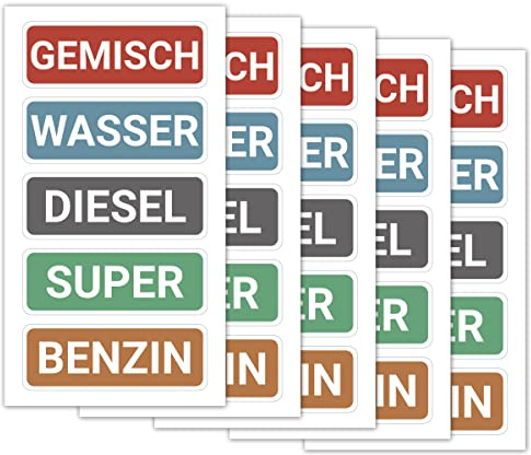 Kraftstoff Aufkleber Super, Benzin, Diesel, Gemisch, Wasser – Tankaufkleber für Auto & Motorrad, Hinweis Kennzeichnung für Kanister, Tankdeckel, Benzinkanister – wetterfest, langlebig (25er Mix)