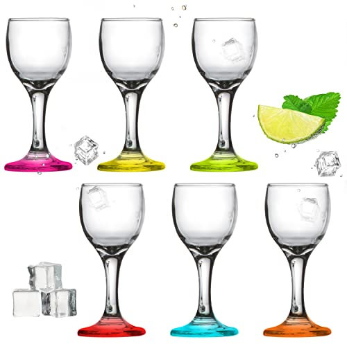 PLATINUX Bicchieri da liquore con manico, in vetro, 4 cl, set da 6 pezzi, bicchieri da liquore, bicchieri da vodka, bicchieri da grappa, calici colorati