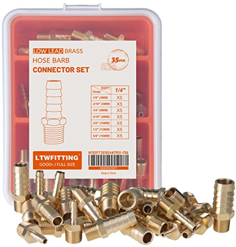 LTWFITTING Brass Hose Barb Connector Set Tube OD (3mm,5mm,6mm,8mm,10mm,12mm,16mm) x 1/4-Inch BSPT Male Thread Pipe Adapter for Fuel Air Gas Water Oil (Pack of 35)