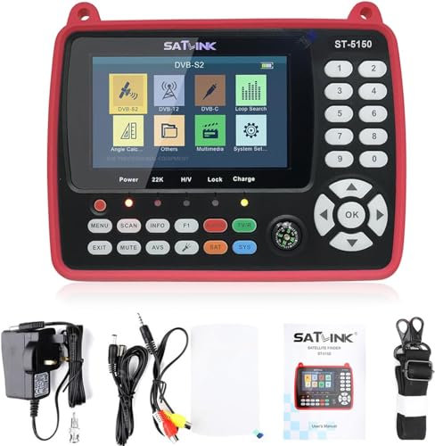 KKnoon Digital Satellite Finder Meter,ST-5150 DVB-S2/T2/C Combo HD Satellite TV Signal Finder Digital Handheld Signal Meter Satellite Finder H.265 HEVC MPEG-4 4.3 Inch TFT LCD UK Plug