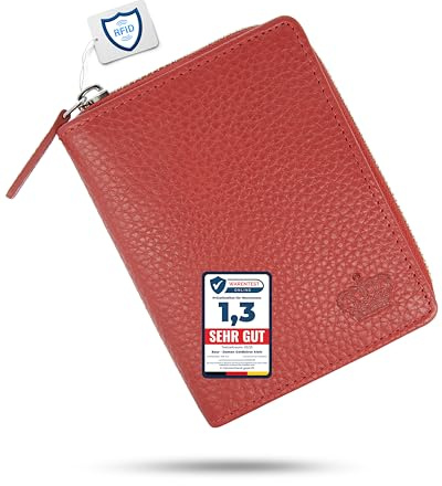 Baur Damen Geldbörse Echt Leder Geldtasche | Geldbeutel mit RFID Schutz | kleines Portemonnaie viele Kartenfächer | Wallet mit Druckknopfverschluss & Reißverschluss-Compartment (Rot)
