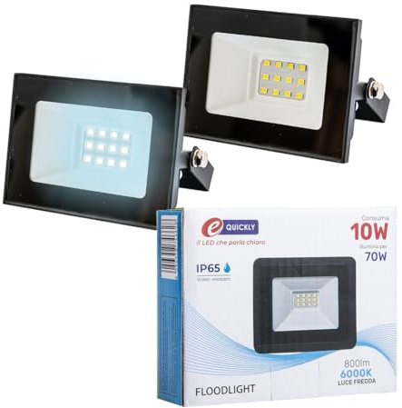 E-QUICKLY faretti LED da esterno - 10W, potente proiettore da 800 lumen, faretto led da esterno con luce bianca fredda 6000K, faro LED grado di impermeabilità IP65, faretti da giardino 220V, 2 PZ