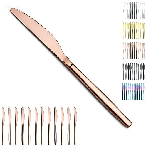 Berglander cuchillo de mesa de oro rosa 12 piezas, Cuchillo de cena de acero inoxidable de revestimiento de titanio, cuchillo de mantequilla, ideal para el hogar, restaurante, boda