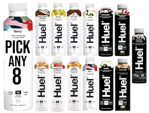 Huel PICK ANY 8 Ready To Drink Nutritionally Complete Meal from 8+ Flavours Inc.Chocolate, Banana, Vanilla, Berry, Salted Caramel, Iced Coffee Caramel, Strawberries & Cream, BLACK EDITION (Each 500ml)