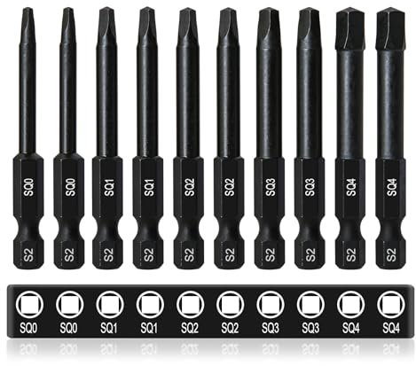 CYLBAQ Square Screwdriver Bits, 10PCS 60mm Square Head Impact Drill Bits Premium S2 Steel 1/4” Hex Shank Magnetic Security Electric Drive SQ0 SQ1 SQ2 SQ3 SQ4