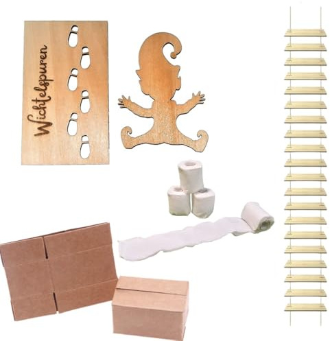 Super Idee Wichtelschablone Fußabdrücke + 2 Wichtelkartons + 10 Mini Klopapier Rollen als Miniatur Wichtel Zubehör für Wichtel Elf Weihnachten Wichtelstreiche Wichtelumzug Wichteleinzug