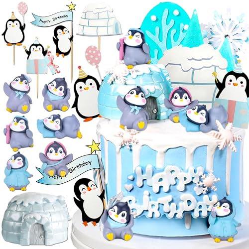 LaVenty Penguin Birthday Decoration - Penguin Party Supplies, Frozen Cake Decoration, Blue-white