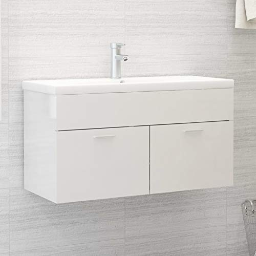NITCA Mobile Bagno con Lavabo Integrato, Armadietto Sospeso, Mobiletto Sottolavabo con 1 Scomparto e 2 Ante, Bianco Lucido 90x38.5x46 cm