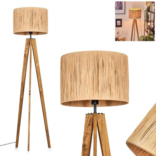 Lampadaire Granja, lampadaire en bois/métal/raphia naturel/noir, lampe de style scandinave avec abat-jour rond (Ø 40 cm) et interrupteur à pied, hauteur 161 cm, 1 x E27, sans ampoule