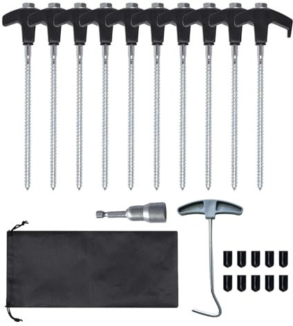 Zeltheringe mit Gewinde 10 Stück, Heringe Erdnägel Stabil, Drehbare Schraubheringe, T-Griff Schrauben Erdschrauben, Zelt Zubehör für Camping, Outdoor, harten Boden, Wald, Wiesen, Gras, Robust & Stark