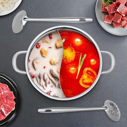 Hot Pot 304 - Hornillo de acero inoxidable con 2 cucharones de sopa, Hotpot chino con doble asa, calentador eléctrico de acero inoxidable con divisor, 32 cm