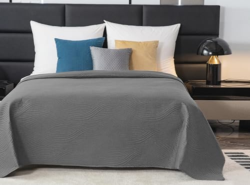 FEBE Tagesdecke Bettüberwurf 220x200 cm Grau Überwurfdecke Sofadecke Sofaüberwurf Flauschig Mikrofaser Zimmer Deko Throw Blanket