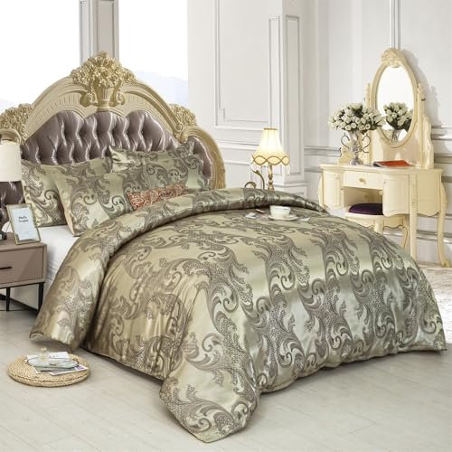 Gezu Bettwäsche 220x240cm Gelb Satin Jacquard Bettbezug Set Stickerei Blumenmuster Wendebettwäsche Set Gold Microfaser Seide Luxuriös Modern Bettbezug 220x240cm Deckenbezug mit Reißverschluss