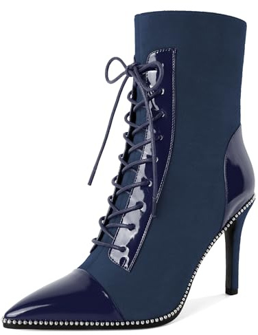 SAMMITOP Womens Lace Up Pointed Toe Ankle Boots Stiletto High Heel Booties Zipper Mid Calf Beads Faux Suede Dress Booties 4 Inch Navy US Size 7.5