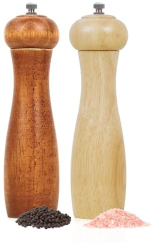 Wellong Set macinasale e pepe in legno, da 8 pollici con macinapepe a grana fine regolabile, manuale ricaricabile, legno di quercia per cucina - 2 Pack