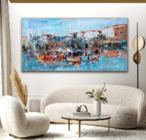 XINBAO Graffiti-Boot-Ölgemälde auf Leinwand, Landschaft, Seestück, Meer, Küste, Strand, Boot, Seeufer, Seeufer, Wandkunst, Poster, Drucke, 90 x 180 cm, rahmenlos