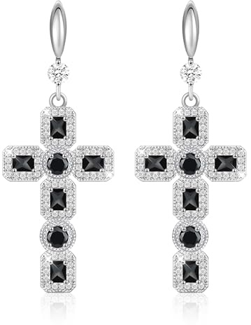 Linawe Kreuz Ohrringe Hängend, Damenohrringe in Silber und Gold, Modeschmuck Ohrringe, Kristall Strasssteine Moissanite Kreuz Anhänger Ohrhänger, Geburtsstein Ohrringe Set
