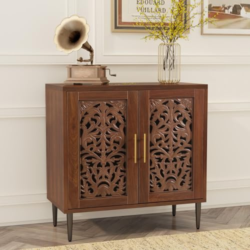 HOLTICO Wooden Sideboard Storage Cabinet with 2 Doors, Vintage Hollow Carving Buffet Accent Cabinet, Modern Brown Sideboards for Living Room, Kitchen, Dining Room, Hallway