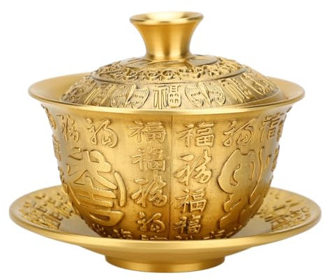 Juego de 3 Tazas de té Chinas con Tapa y Platillo, Taza de té China de 300 Ml, Juego de Tazas de té de Latón, Taza de té Tradicional China de Kung Fu, Tazón de té Hecho a Mano