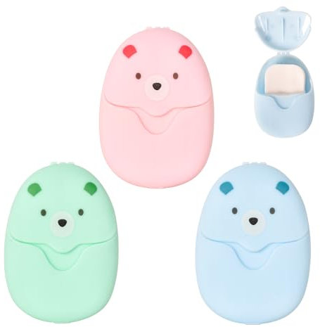 3 Scatole (150 Fogli) di Carta per Sapone Usa e Getta, Mini Confezione da Viaggio Portatile, Carta per Sapone per le Mani a Forma di Cartone Animato, Adatta per Viaggi, Campeggio, Picnic (Orso)