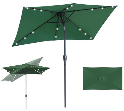 Fiqops Sonnenschirm LED Solar 300 x 200cm mit Kurbel | Sonnenschirm Rechteckig Sonnenschutz UV50+ Knickbar, Ampelschirm Terrassenschirm wasserdicht für Garten, ohne Ständer, Grün