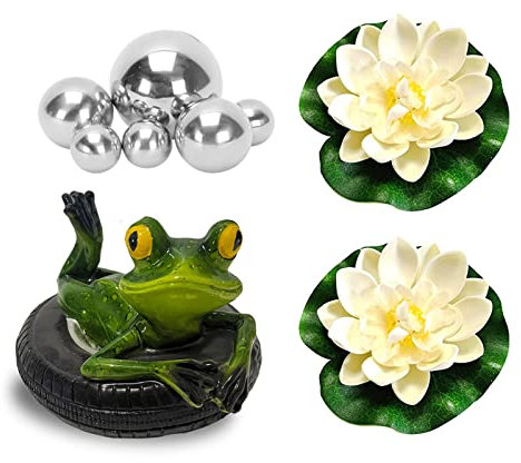 Miniteich Deko Set Schwimmfrosch Set mit 9 mit für Miniteich Terrassenteich Zinkwannen Solarbrunnen Garten Balkon Teiche Deko(1 Rückenschwimmen Frosch、6 Schwimmkugeln und 2 Schwimmend Lotusb