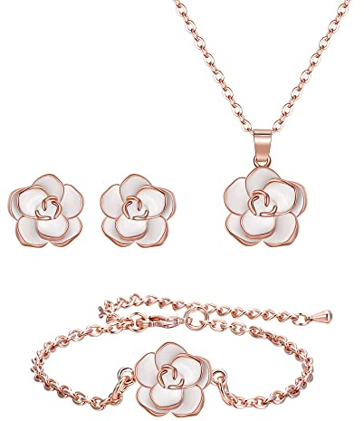 EleQueen Rose Blume Halskette Ohrringe Armband Set, Elegantes edles Schmuck-Sets, Geschenke für Frauen
