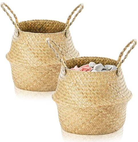 Exquilnova 2 Stück Seegras Korb, Rund Wäschekorb mit Henkel, Gewebt Körbchen Übertopf Bastkorb, Blumentopf Körbe Bauchkorb Rattankorb Aufbewahrungskorb für Decken Pflanze Spielzeug (L: 32x28cm)