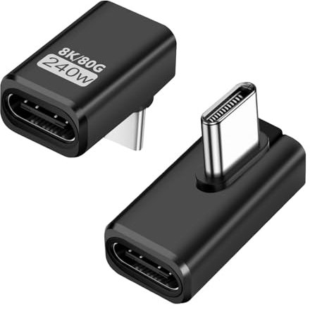Puiseno Adattatore USB-C da 2 pezzi, supporta Thunderbolt 5, USB 4 Gen 2, 240 W, 80 Gbps, compatibile con tutti i dispositivi, angolato medio e verticale, nero